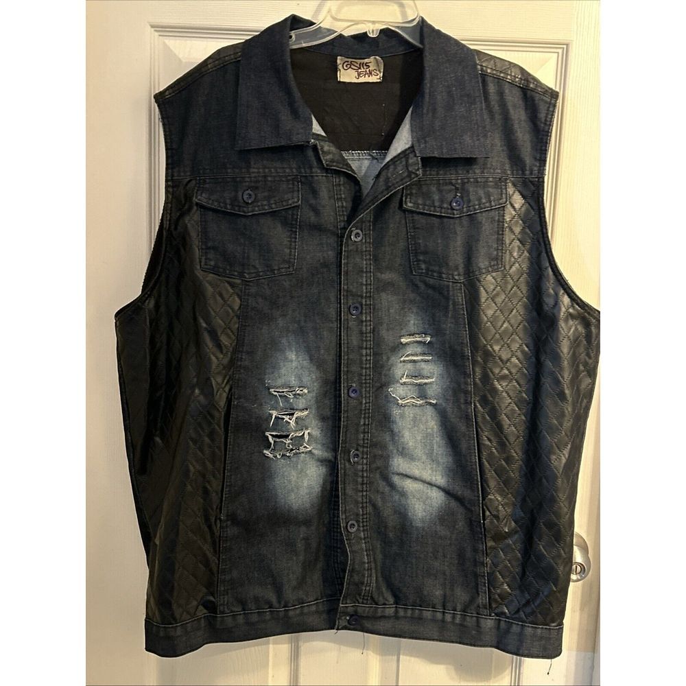Vintage Denim GS 115 Vest Mens 2XL Blue‎ Faux Leather Distressed